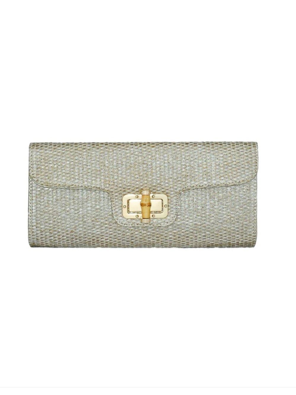 BC Bags Woven Straw Clutch with Gold Turn-Lock Removable Chain Strap